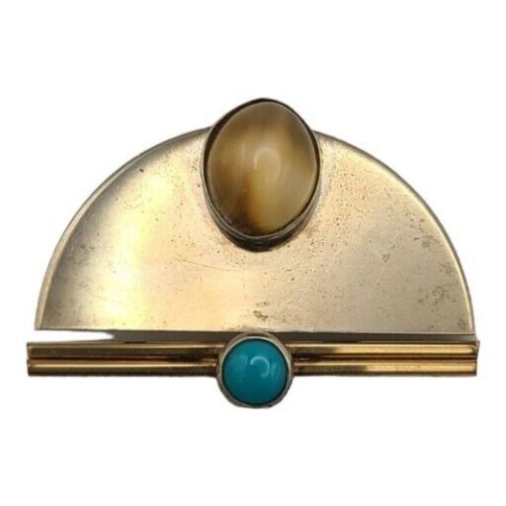 Vintage Sterling and Gold Filled Smoky Quartz & Turquoise Pin Brooch 1.25"